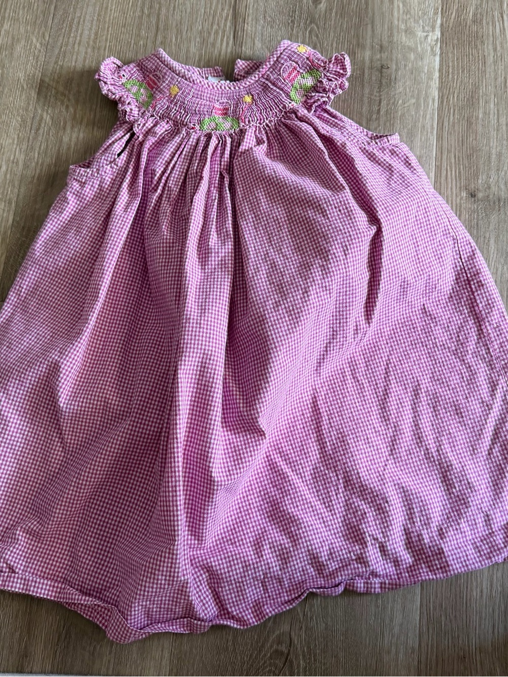 Girls' Pink Gingham Smocked Dress with Floral Embroidery